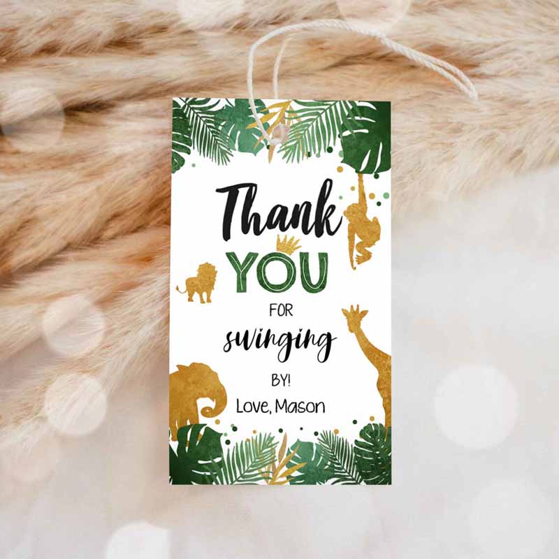1 editable safari animals favor tags thank you for swinging by wild one label jungle zoo boy green gold gift tag download corjl template 0016 1