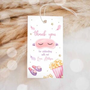 Slumber Invitation, Slumber Party, Thank You Tag Sleepover Favor Tags, Pink Girl Movie Invitation