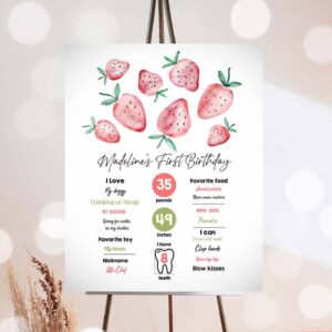 Strawberry Invitation, Strawberry Birthday, Milestones Sign StrawGirl Strawberries Watercolor Invitation