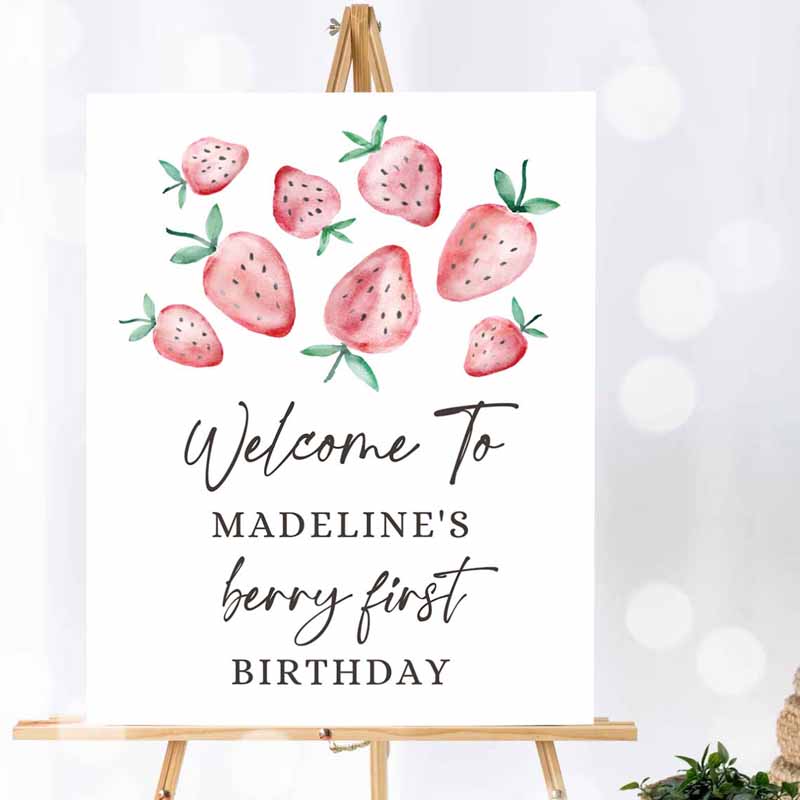 1 editable strawberry welcome sign strawberry birthday party welcome farmers market girl berry first watercolor template printable corjl 0399 1