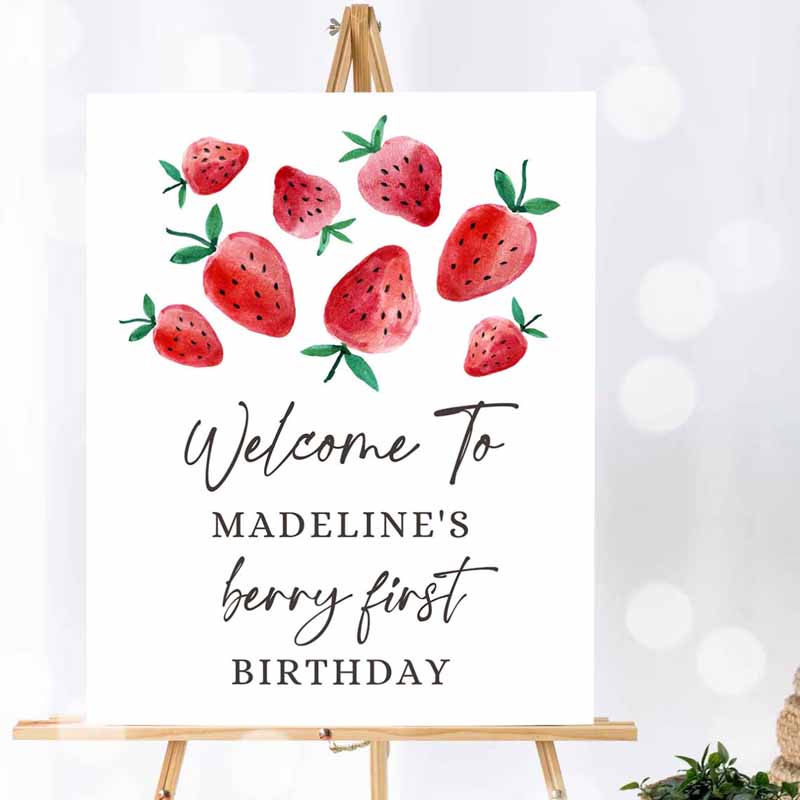 1 editable strawberry welcome sign strawberry birthday welcome farmers market girl berry first watercolor template printable corjl 0399 1