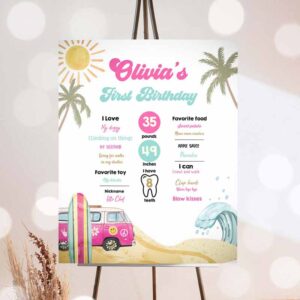 Surfing Invitation, Surf Birthday, Milestone Sign Girl Big One Surfs Up Surfing Board Invitation