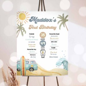 Surfing Invitation, Surf Birthday, Milestones Sign Boy Big One Surfs Up Surfing Board Invitation