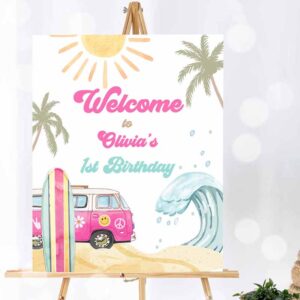 Surfing Invitation, Surf Birthday, Welcome Sign Girl The Big One Surf Up Birthday Invitation