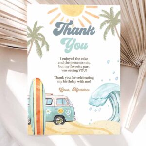 Surfing Invitation, Surf Thank You Card Surfboard 1st Birthday, Birthday Thank Your Note Retro Invitation