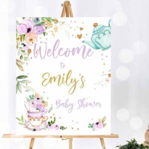 Tea Party Invitation, Tea Baby Shower Welcome Sign Baby is Brewing Floral Purple Gold Invitation