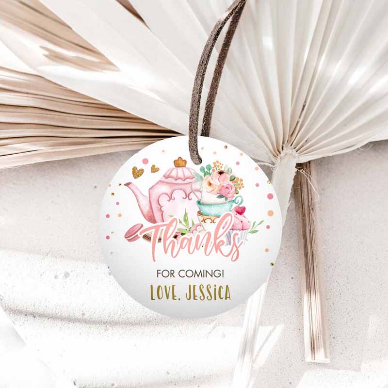 1 editable tea party favor tag sticker baby shower baby is brewing floral pink gold tea for two partea par tea template corjl printable 0349 1