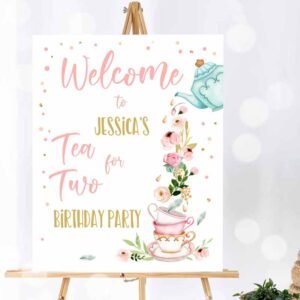 Tea Party Invitation, Tea for Two Party, Welcome Sign Tea Birthday, Welcome Floral Pink Invitation