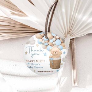 Teddy Bear Invitation, Teddy Bear Hot Air Balloon Baby Shower Circle Square Favor Tags Invitation