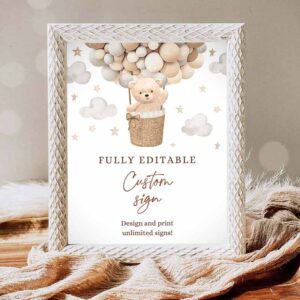 Teddy Bear Invitation, Teddy Bear Hot Air Balloon Baby Shower Custom Sign Gender Invitation