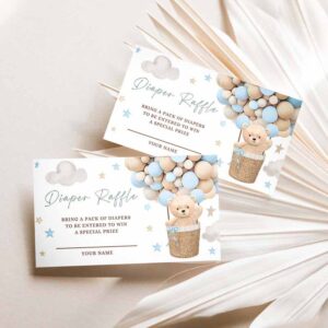 Teddy Bear Invitation, Teddy Bear Hot Air Balloon Baby Shower Diaper Raffle Boy Blue Invitation