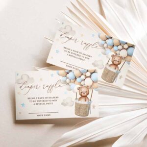 Teddy Bear Invitation, Teddy Bear Hot Air Balloon Baby Shower Diaper Raffle Ticket Blue Invitation