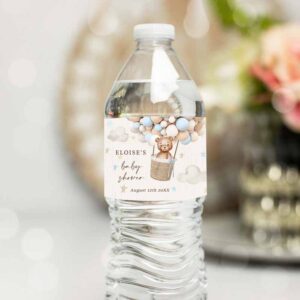 Teddy Bear Invitation, Teddy Bear Hot Air Balloon Baby Shower Water Bottle Labels, Blue Invitation