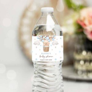 Teddy Bear Invitation, Teddy Bear Hot Air Balloon Baby Shower Water Bottle Wraps Boy Invitation