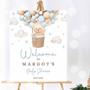 Teddy Bear Invitation, Teddy Bear Hot Air Balloon Baby Shower Welcome Sign Boy Blue Invitation
