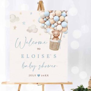 Teddy Bear Invitation, Teddy Bear Hot Air Balloon Baby Shower Welcome Sign Boy Blue Invitation