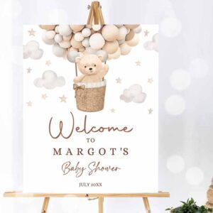 Teddy Bear Invitation, Teddy Bear Hot Air Balloon Baby Shower Welcome Sign Gender Invitation