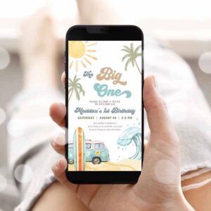 Surfing Invitation, The Big One Surf 1st Birthday, Birthday Evite Retro Surfboard Beach Party Invitation