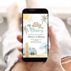 Surfing Invitation, The Big One Surf 1st Birthday, Birthday Party, Evite Retro Surfboard Beach Invitation