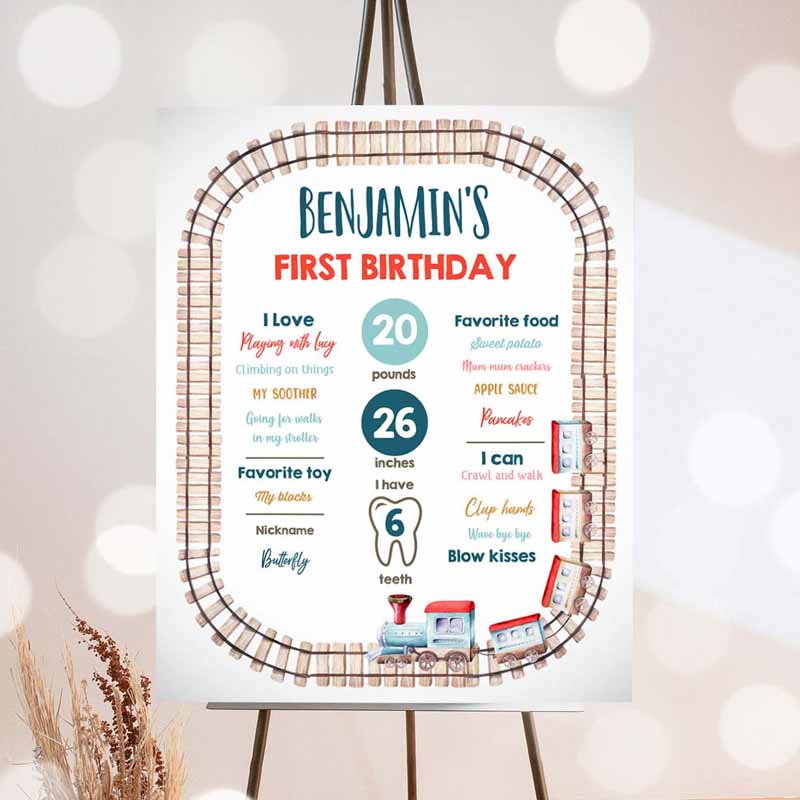 1 editable train birthday milestones sign vintage train party boy 1st birthday railroad transportation red blue template printable corjl 0149 1