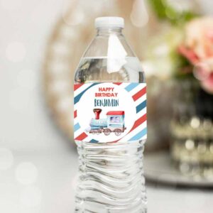 Train Invitation, Train Water Bottle Label Boy Birthday, Train Decor Red Blue Bottle Invitation