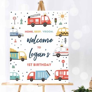 Welcome Sign Trucks Cars Diggers Tractor First Responders Birthday Party Invitation
