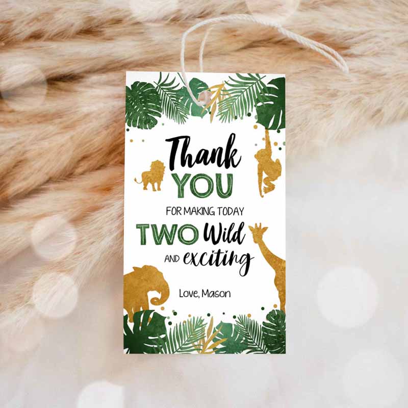 1 editable two wild safari animals favor tags second birthday jungle zoo animals thank you tags 2nd boy green gold corjl template 0016 1