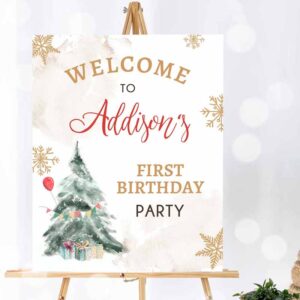 Winter Invitation, Winter Onederland Welcome Sign Christmas Tree Watercolor First Birthday, Birthday Red Invitation