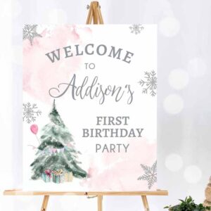 Winter Invitation, Winter Onederland Welcome Sign Party, Tree Watercolor First Birthday, Birthday Girl Pink Invitation