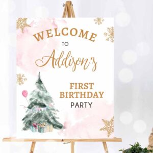 Winter Invitation, Winter Onederland Welcome Sign Tree Watercolor First Birthday, Birthday Girl Pink Snowflake Invitation