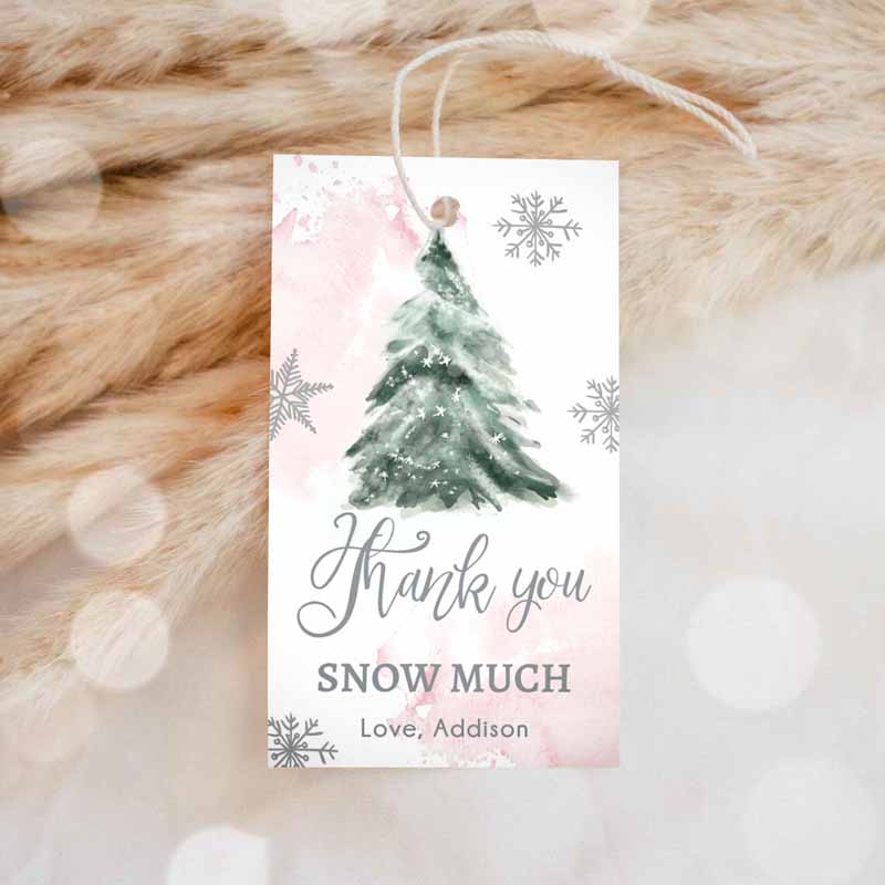 1 editable winter tree thank you tags winter onederland pink girl christmas thank you snow much baby shower birthday gift corjl printable 0363 1