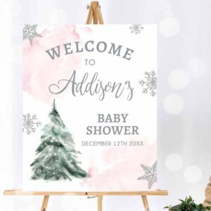 Winter Invitation, Winter Tree Welcome Sign Tree Watercolor Baby Shower Girl Pink Little Invitation