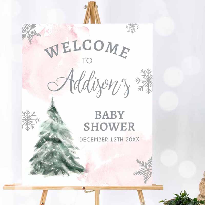 1 Editable Winter Tree Welcome Sign Tree Watercolor Baby Shower Girl Pink Little Snowflake on the Way Wonderland Corjl Template Printable 0363