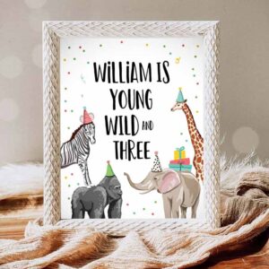Young Wild And Three Invitation, Young Wild and Three Birthday Safari Animals Zoo Jungle Party Invitation