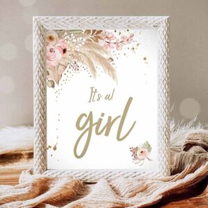 Boho Pampas Invitation, It's a Girl Sign Pampas Grass Baby Shower Sign Girl Photo Invitation