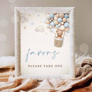 Teddy Bear Invitation, Teddy Bear Hot Air Balloon Baby Shower Favor Sign Boy Blue Invitation