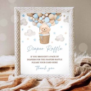 Teddy Bear Invitation, Teddy Bear Hot Air Balloon Shower Diaper Raffle Sign Boy Blue Invitation