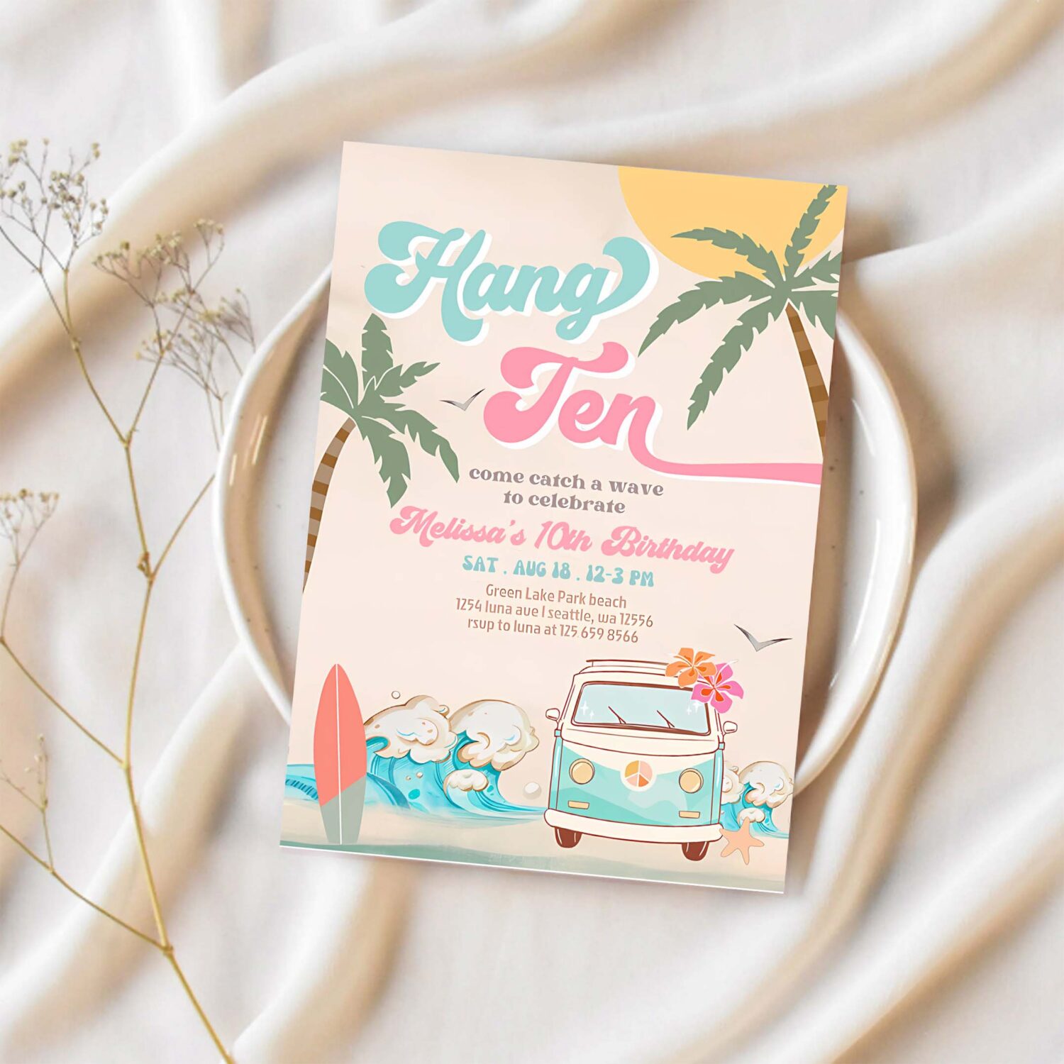 10th pink mint girl 10th surfing birthday invitation girl surf van surfboard beach party invitation 1