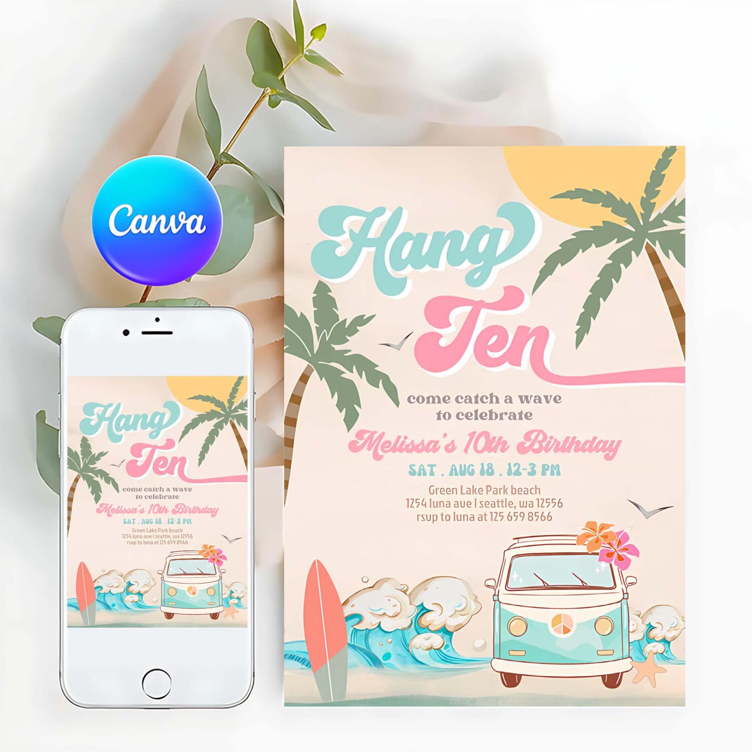 10th pink mint girl 10th surfing birthday invitation girl surf van surfboard beach party invitation