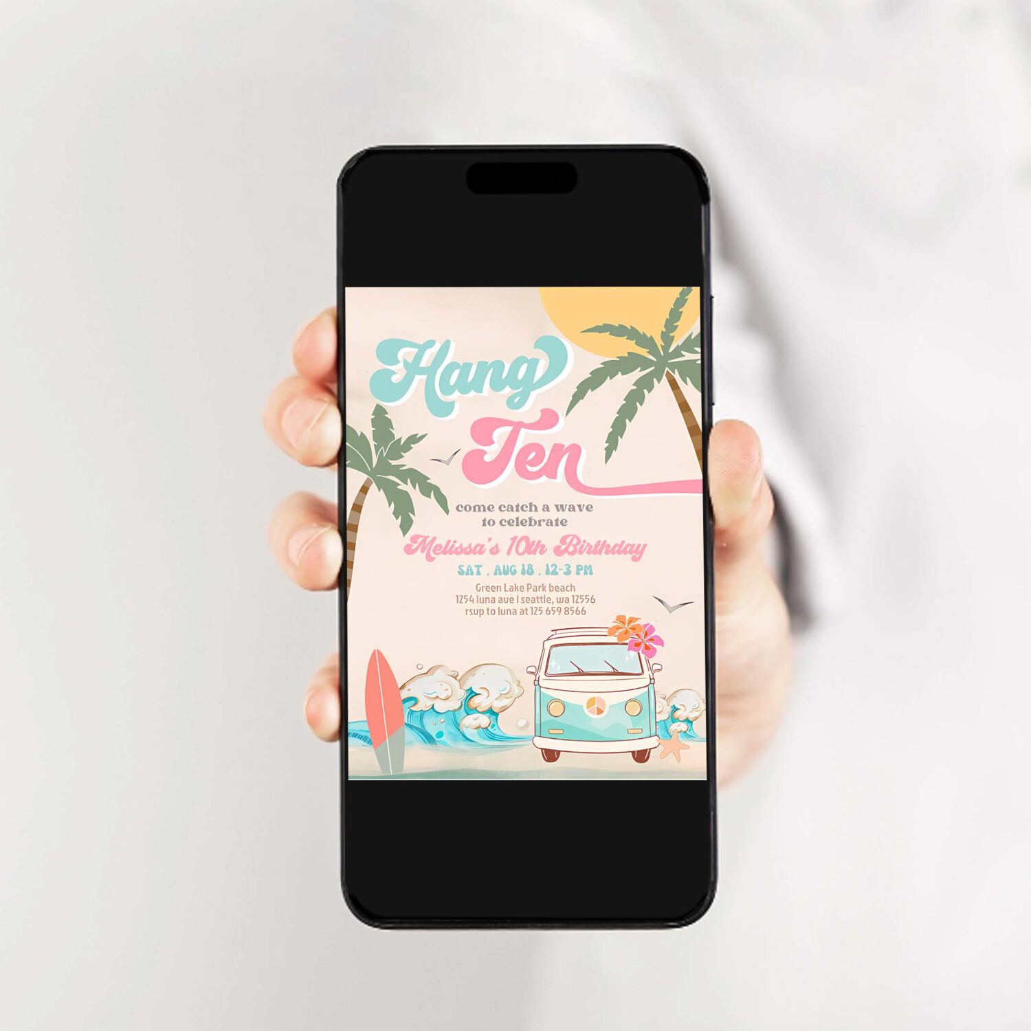10th pink mint girl 10th surfing birthday invitation girl surf van surfboard beach party invitation 2