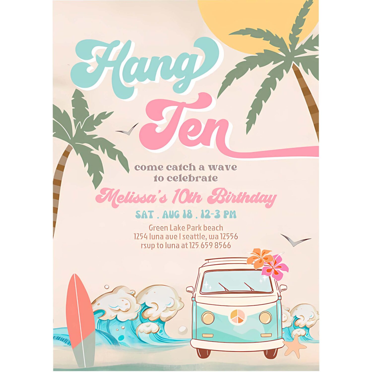 10th pink mint girl 10th surfing birthday invitation girl surf van surfboard beach party invitation 4