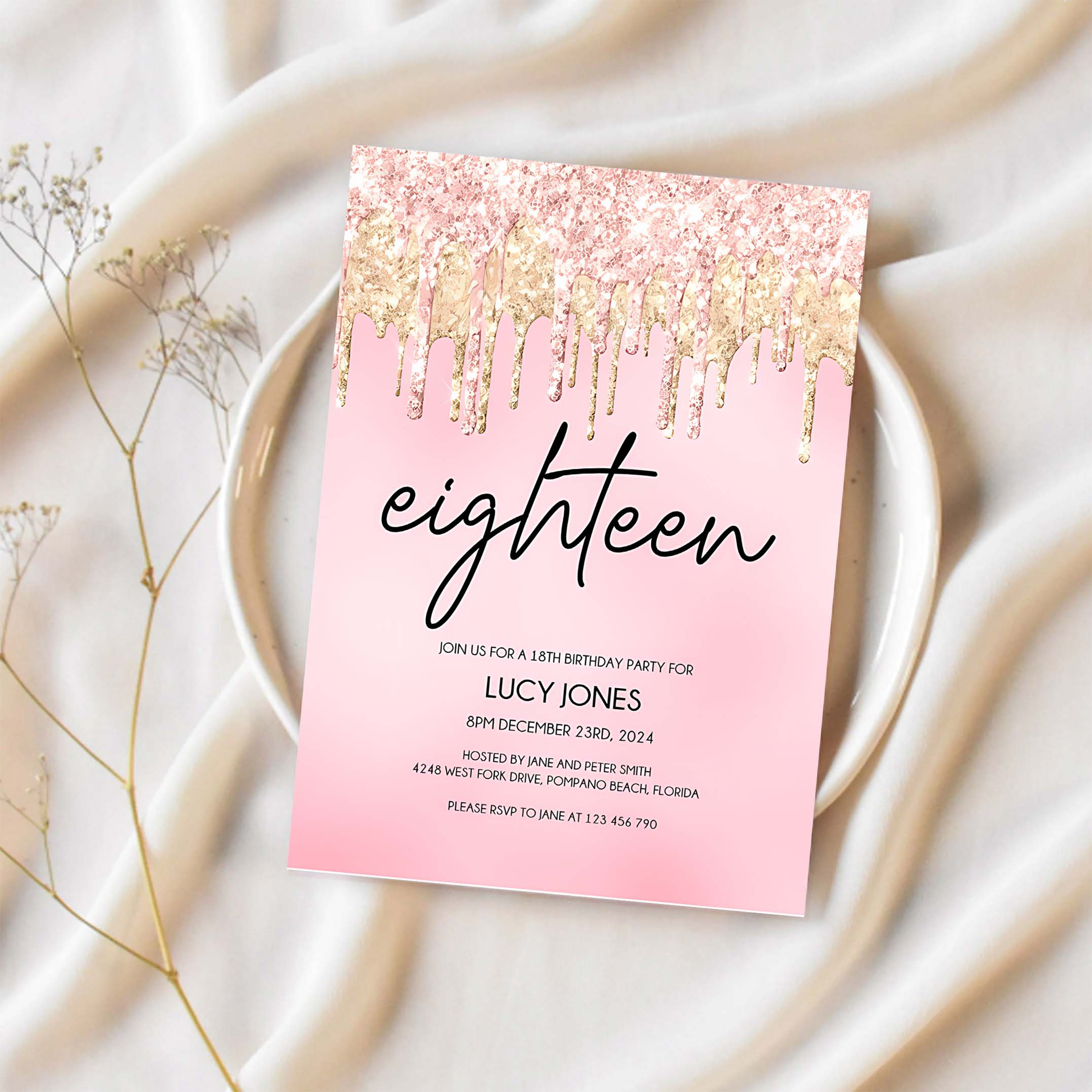 18th Birthday Party Invitation 18th Invite Rose Gold Glitter Drips