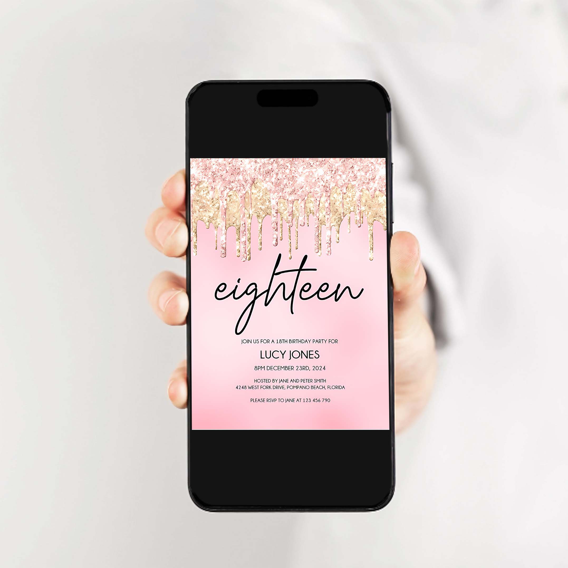 18th Birthday Party Invitation 18th Invite Rose Gold Glitter Drips