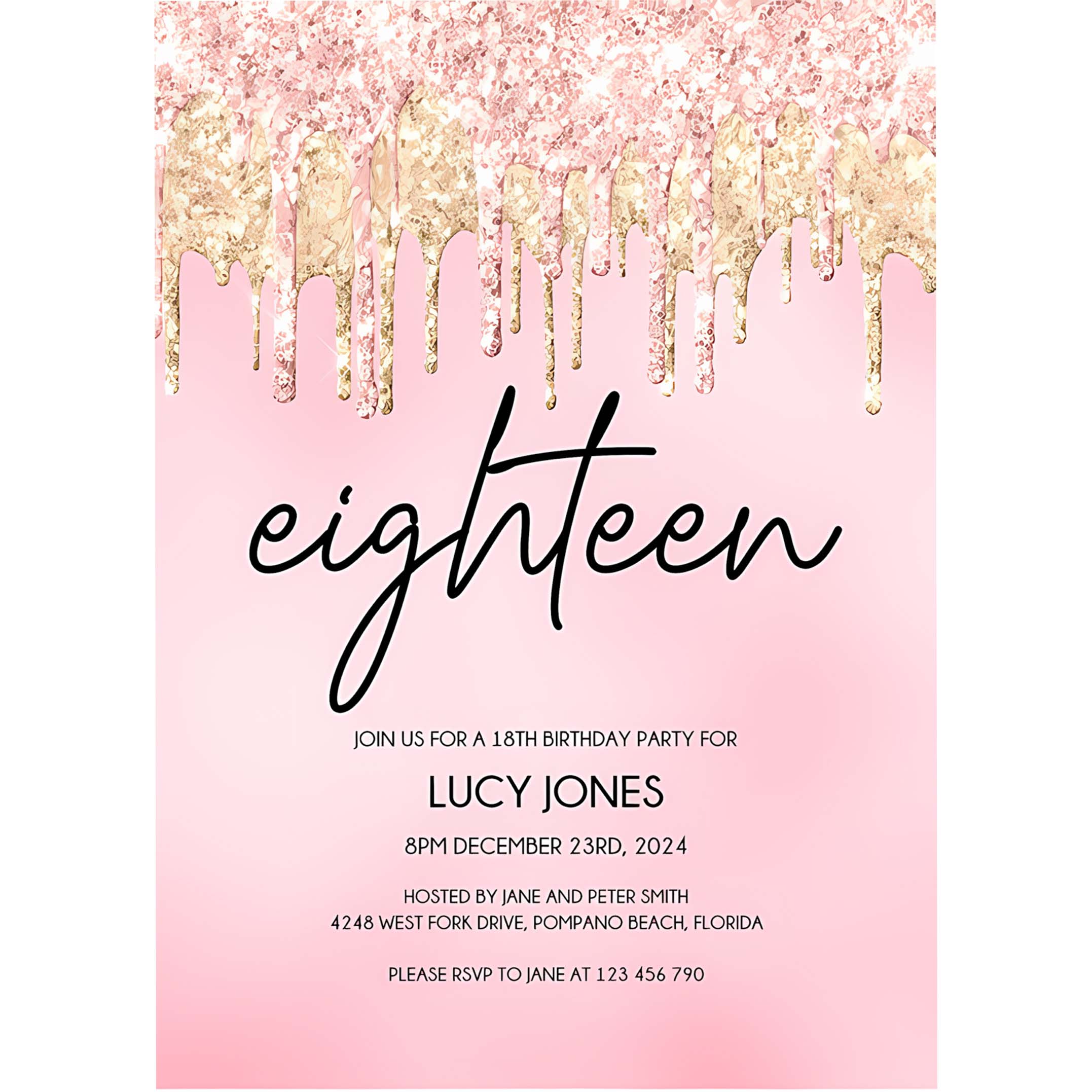 18th Birthday Party Invitation 18th Invite Rose Gold Glitter Drips