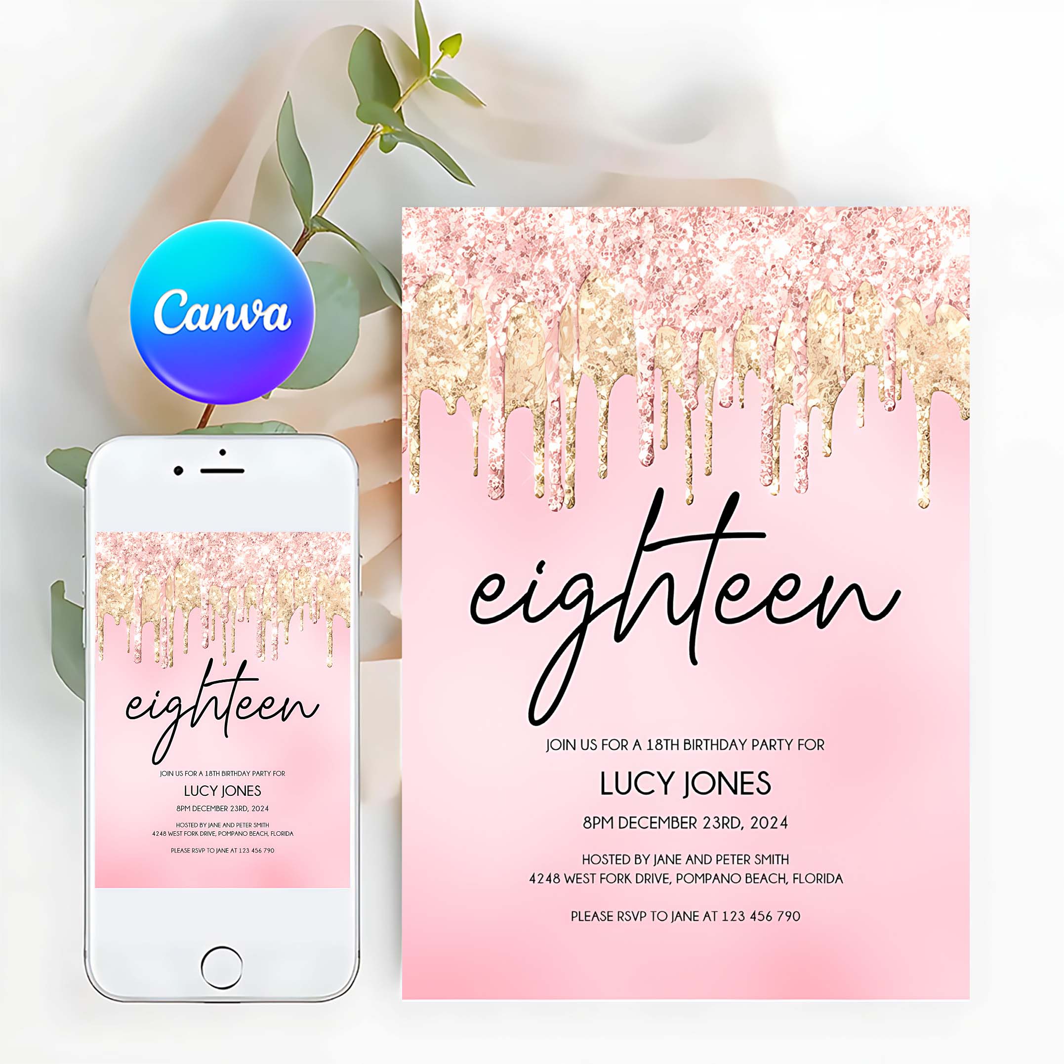 18th Birthday Party Invitation 18th Invite Rose Gold Glitter Drips