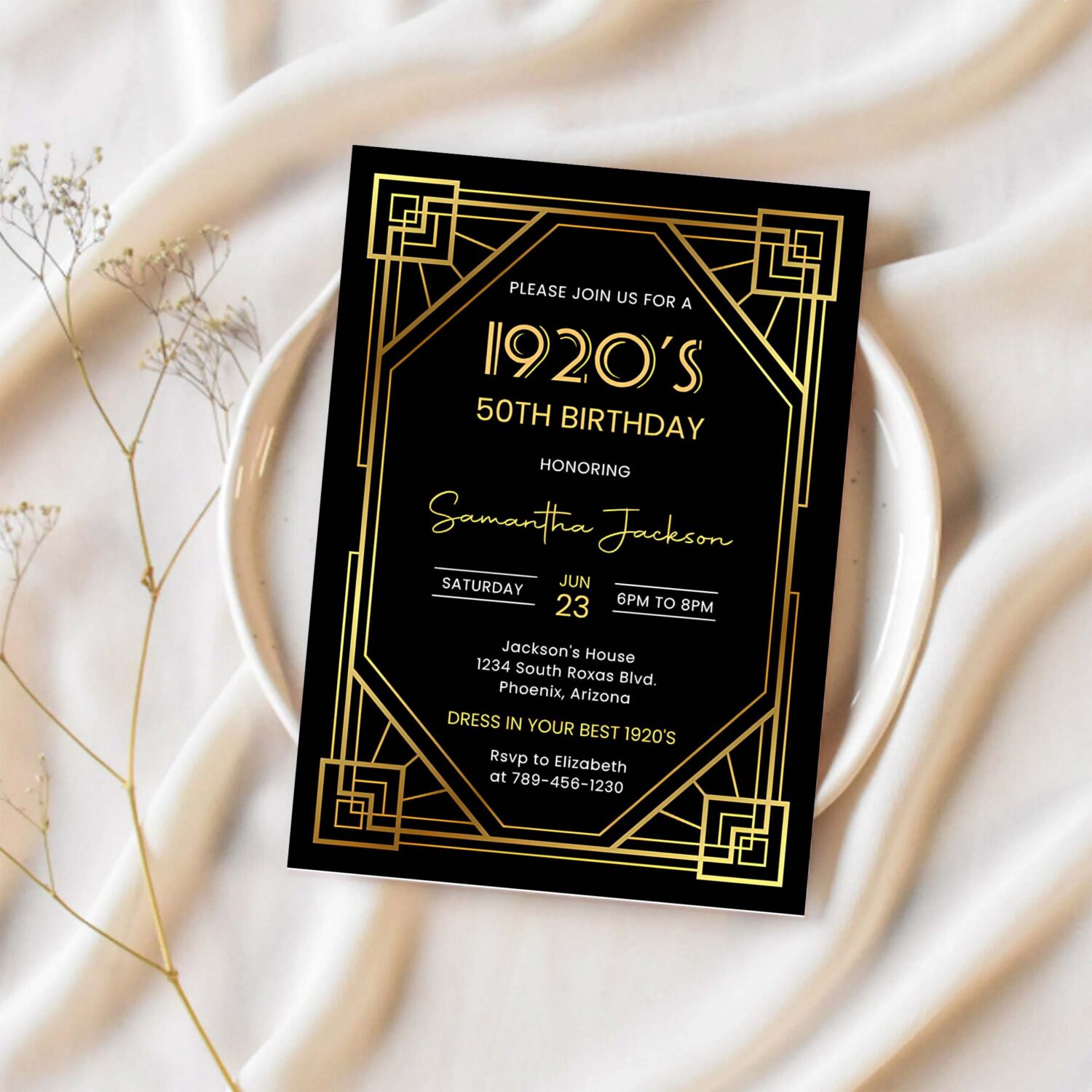1920s art deco birthday invitation 30th 40th 50th birthday party great gatsby party invite black and gold twenties dinner 1