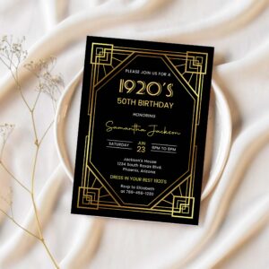 1920s art deco birthday invitation 30th 40th 50th birthday party great gatsby party invite black and gold twenties dinner 1