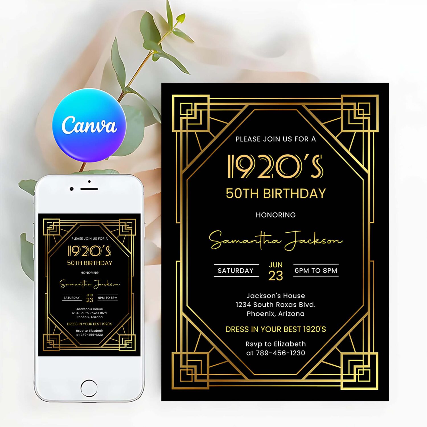 1920s art deco birthday invitation 30th 40th 50th birthday party great gatsby party invite black and gold twenties dinner