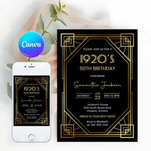 1920s Art Deco Birthday Invitation, 30th 40th 50th Birthday Party, Great Gatsby Party Invite, Black and Gold Twenties Dinner