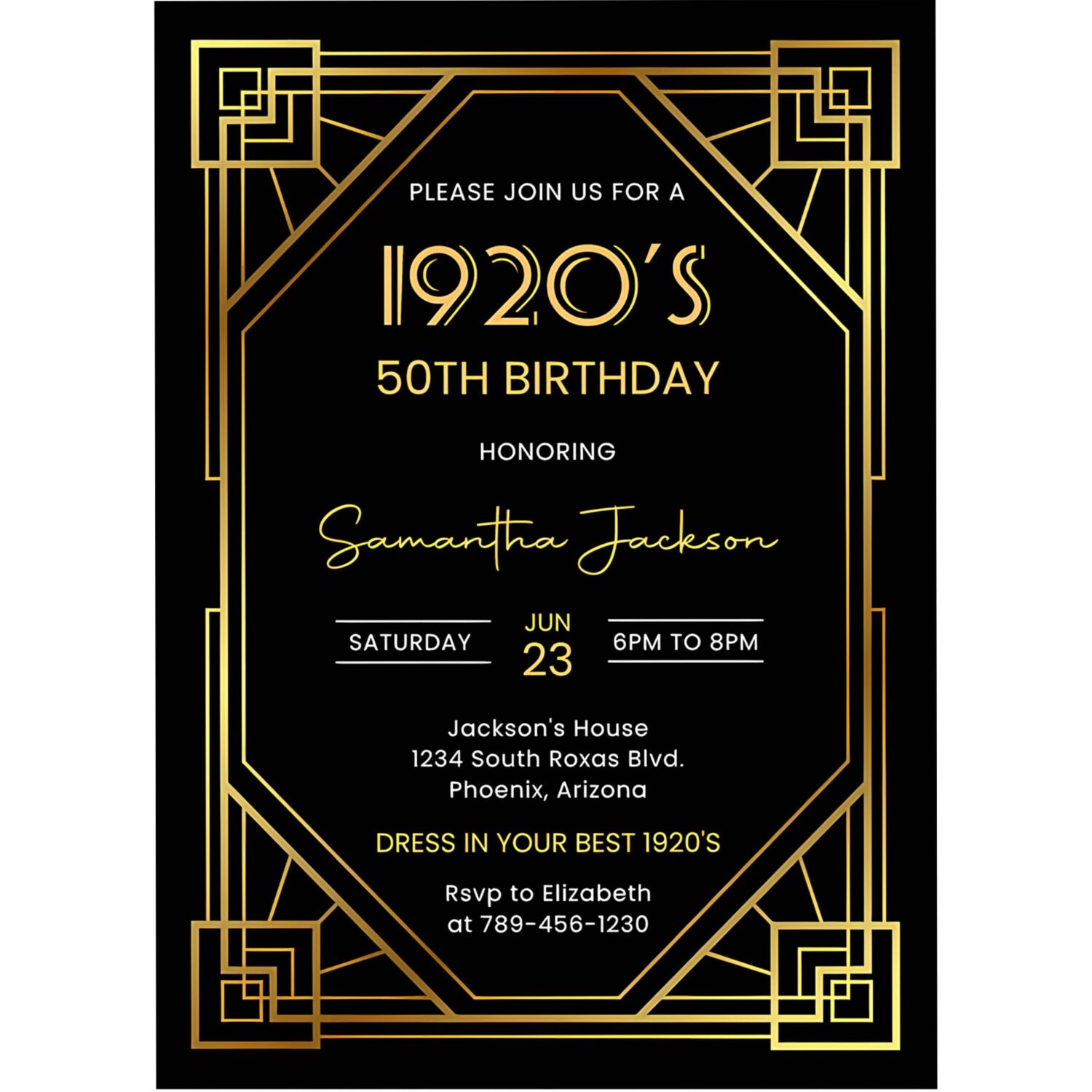 1920s art deco birthday invitation 30th 40th 50th birthday party great gatsby party invite black and gold twenties dinner 4